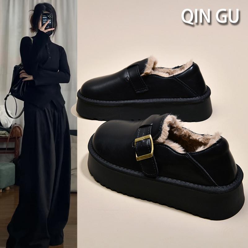 厚底加绒豆豆勃肯鞋女2024新款秋冬季增高皮面雪地靴保暖毛毛棉鞋