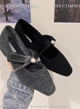 法国厚跟灰色平底鞋配裙子晚鞋女鞋2025秋冬羊毛衬里玛丽简皮草鞋