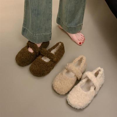 白色玛丽珍毛毛鞋女秋冬季外穿2025新款保暖平软底加绒豆豆棉鞋子