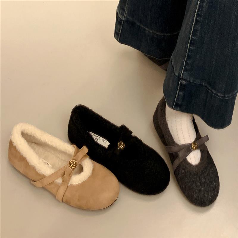 小香风山茶花灰色毛毛玛丽珍鞋女外穿冬季新款平底加绒棉勃肯鞋子