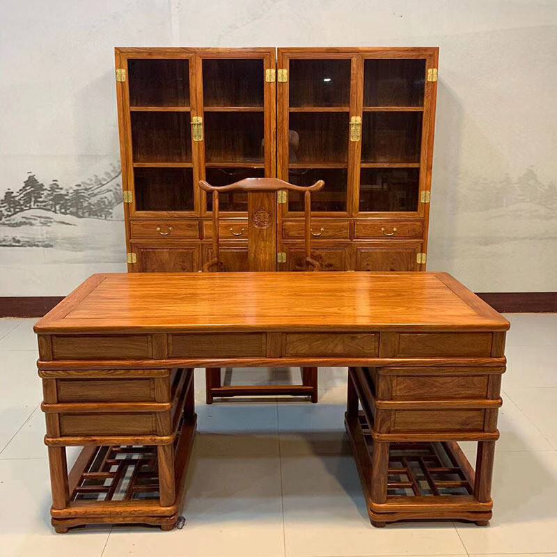 红木家具刺猬紫檀圆包圆办公桌中式古典书柜书桌仿古老板桌椅组合