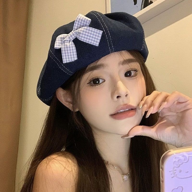 日系甜美蝴蝶结牛仔贝雷帽子女水钻夏季显脸可爱百搭画家八角帽