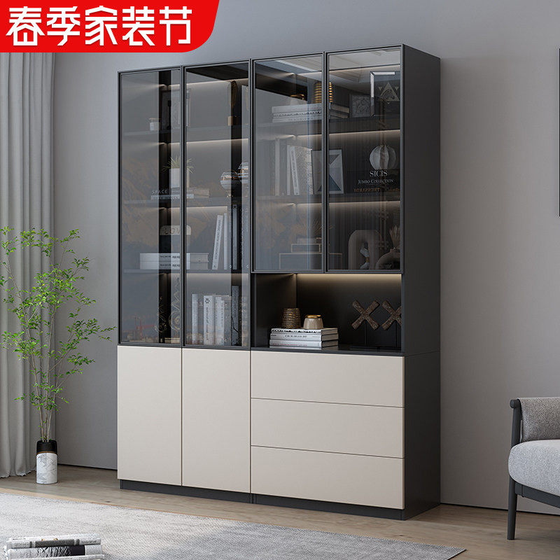 轻奢书柜玻璃门现代简约家用客厅书架置物架书房展示柜收纳柜定制
