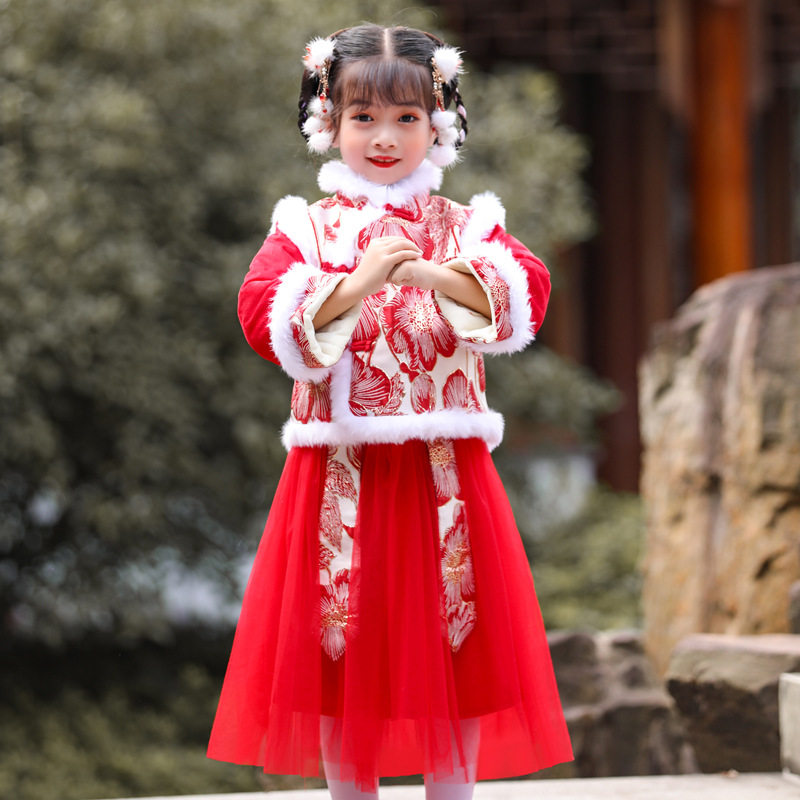 女童汉服加厚加绒中国风唐装2021冬款宝宝拜年服小童儿童装旗袍裙