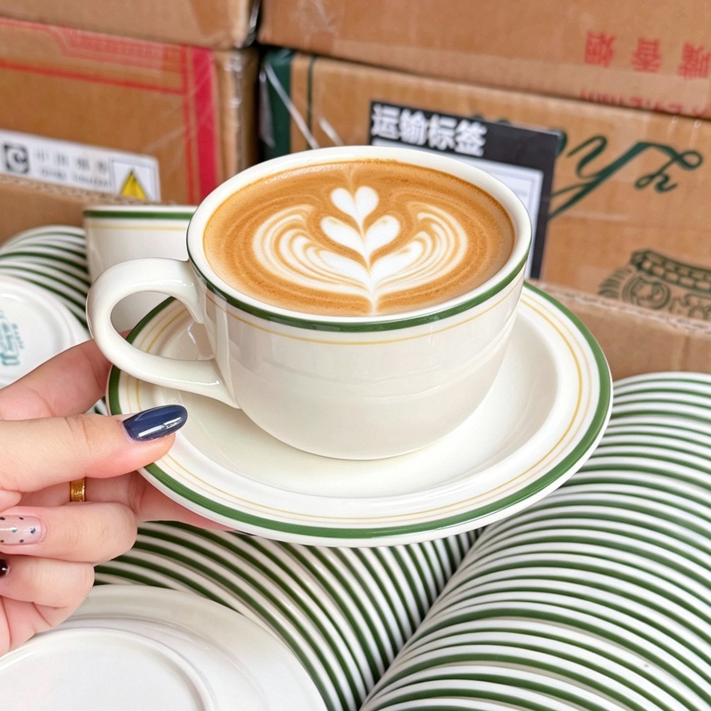 出口外贸原单韩式釉下彩陶瓷咖啡杯碟拿铁拉花杯下午茶杯碟马克杯