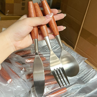 日式复古304不锈钢西餐刀叉勺西餐叉花梨木柄汤勺甜品吃饭高级感