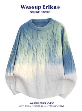 WASSUP ERIKA日系渐变蓝色毛衣男早秋内搭针织衫圆领情侣休闲上衣