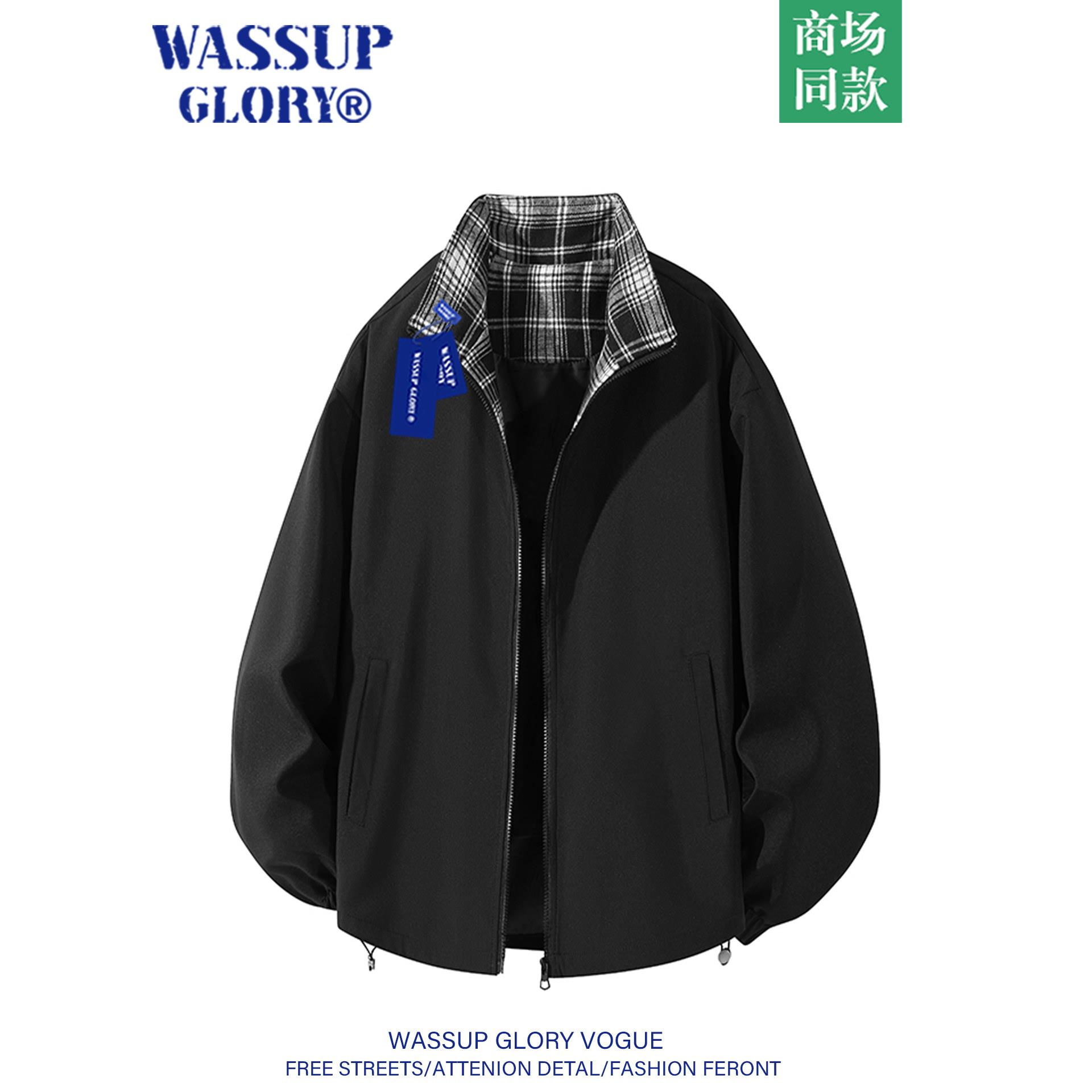 WASSUP GLORY棒球服夹克男春季宽松运动立领上衣美式复古格子外套