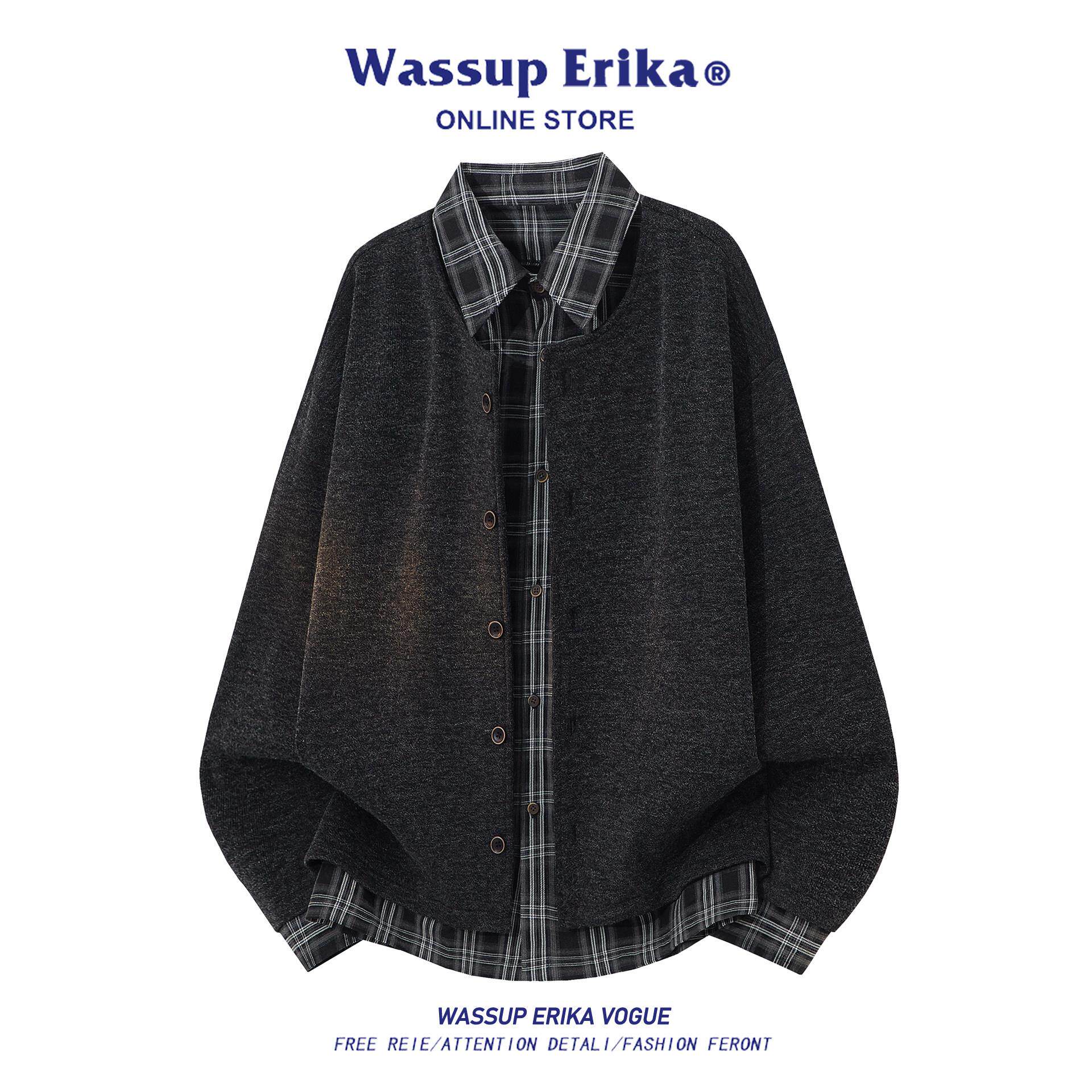 WASSUP ERIKA老钱风格子假两件针织衫男款2026春美式休闲开衫外套