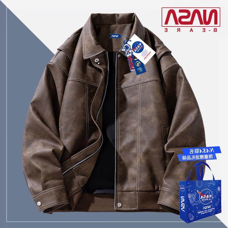 NASA联名美式复古棕色翻领皮衣男秋季高级感情侣夹克高街潮牌外套