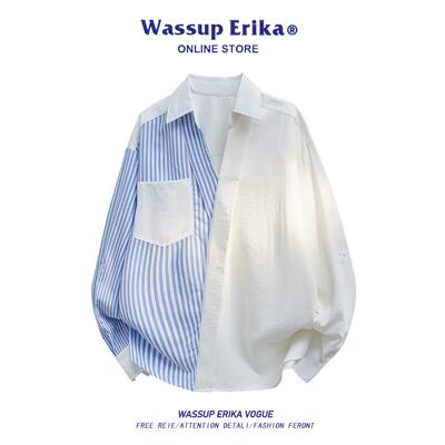 WASSUP ERIKA蓝白长袖衬衫男秋季2025新款情侣日系套头衬衣外套女