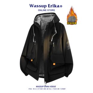 WASSUP ERIKA冬季加绒加厚外套男款复古美式工装夹克黑色保暖衣服