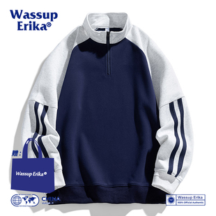 WASSUP ERIKA美式撞色半拉链卫衣男复古拼接上衣春秋男款休闲外套
