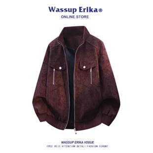 WASSUP ERIKA棒球领扎染夹克男女款2026春季美式高街pu皮衣外套男