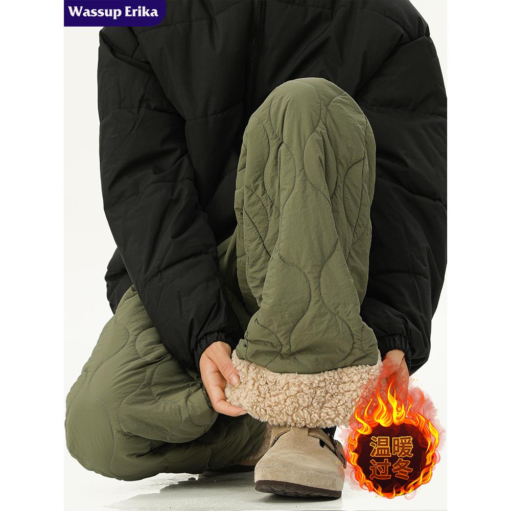 WASSUP ERIKA哈尔滨军绿加绒棉裤男冬季加厚休闲裤保暖羊羔毛裤子
