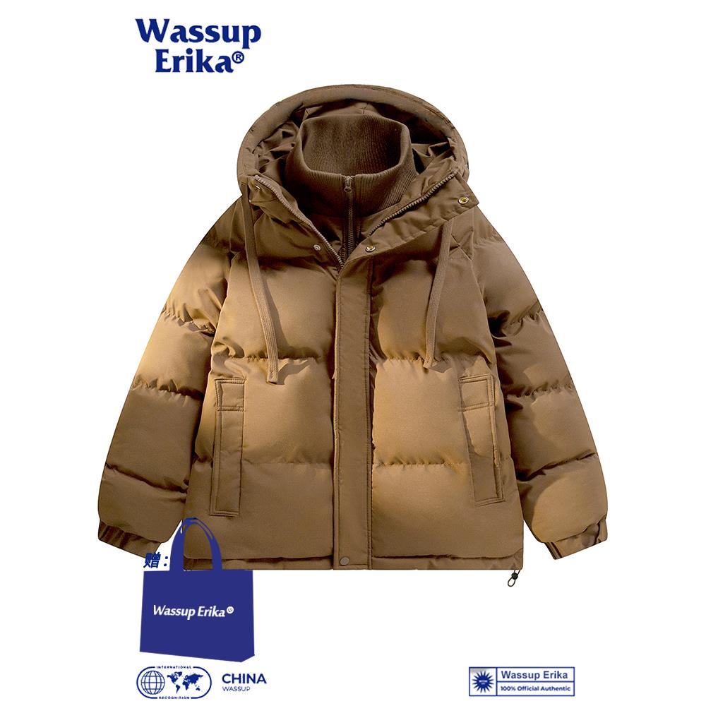 WASSUP ERIKA复古假两件面包服男冬季连帽羽绒棉衣纯色保暖厚外套