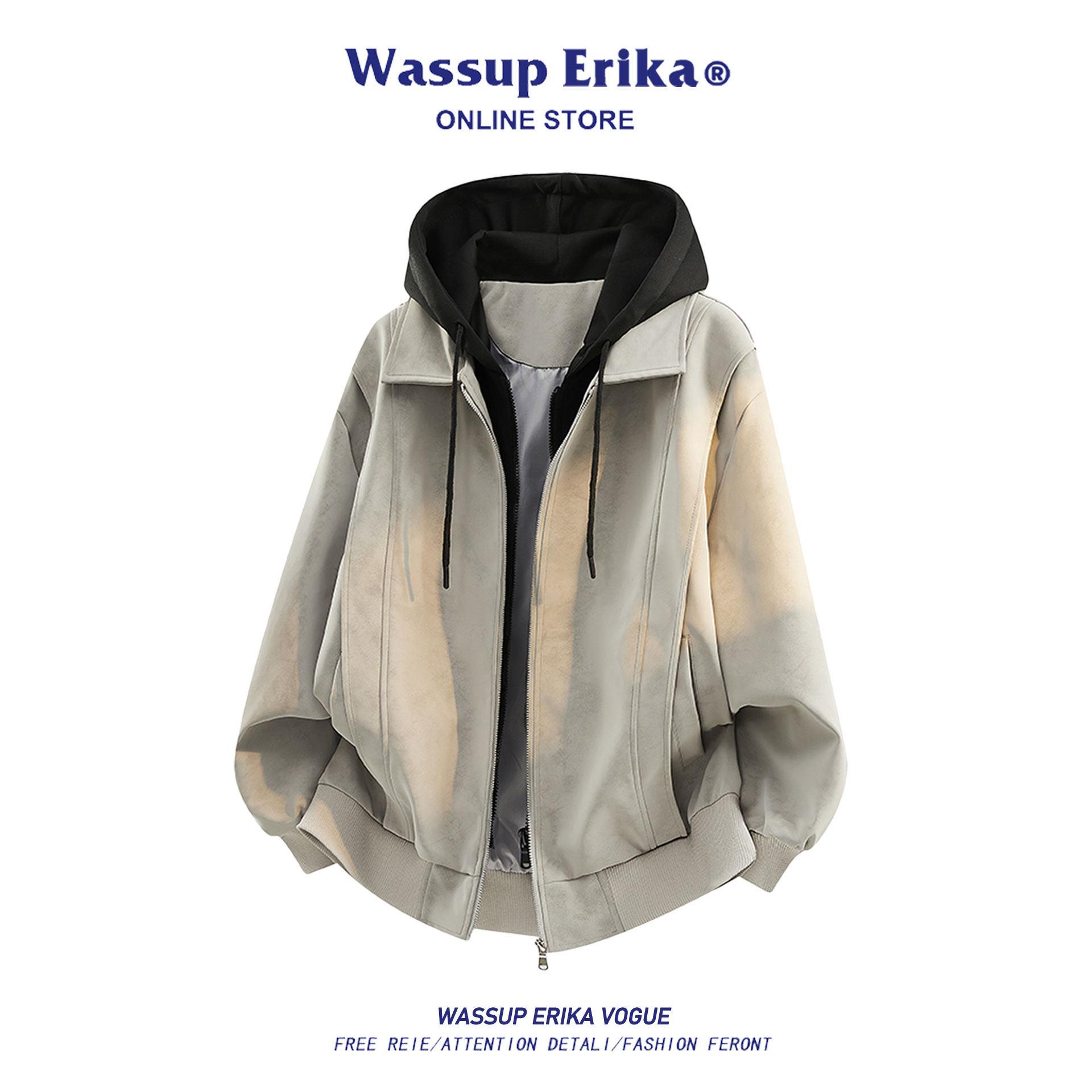 WASSUP ERIKA2026春季假两件撞色连帽夹克男款街头风加棉工装外套