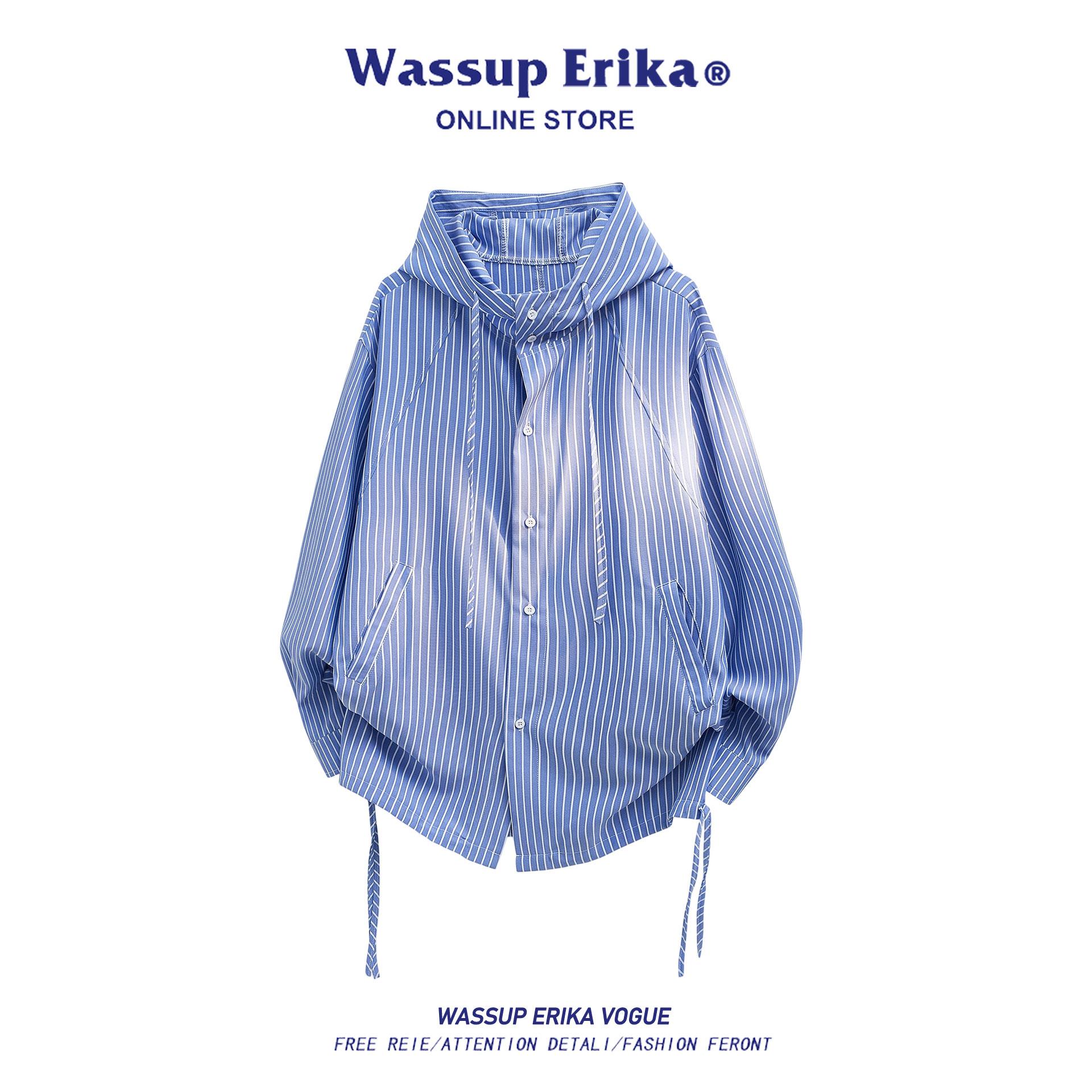 WASSUP ERIKA休闲衬衫男款秋季潮牌日系复古连帽外套蓝白条纹衬衣