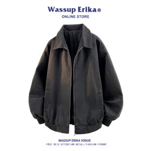 WASSUP ERIKA美式休闲翻领工装外套男秋季痞帅高级感黑灰夹克上衣
