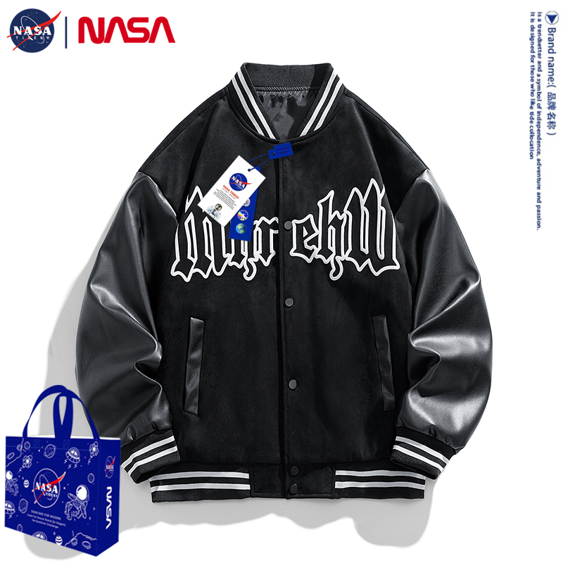 NASA联名PU皮棒球服男款春秋季潮牌高级感宽松情侣麂皮绒夹克外套