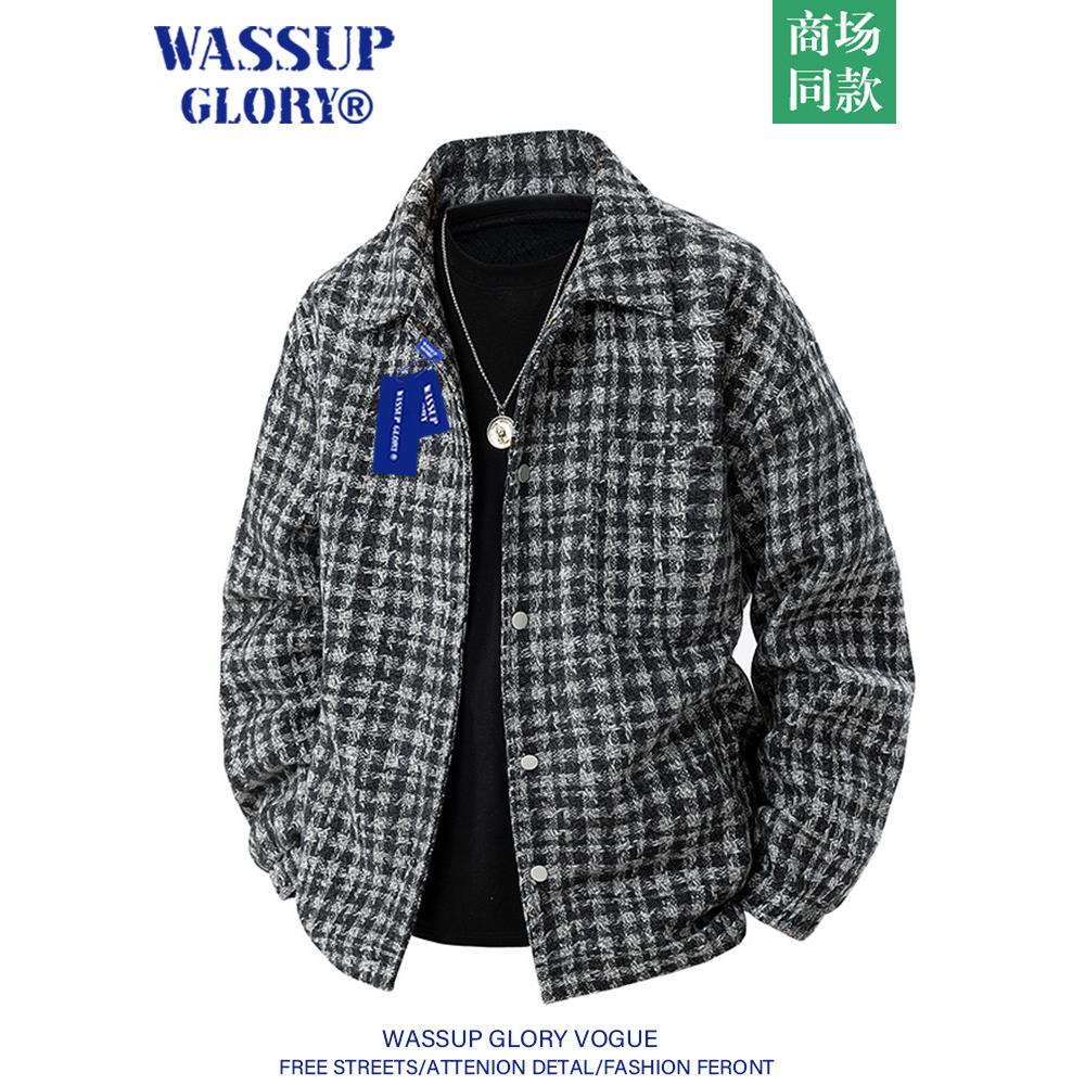 WASSUP GLORY千鸟格夹克男春秋季美式复古翻领毛呢外套小香风上衣