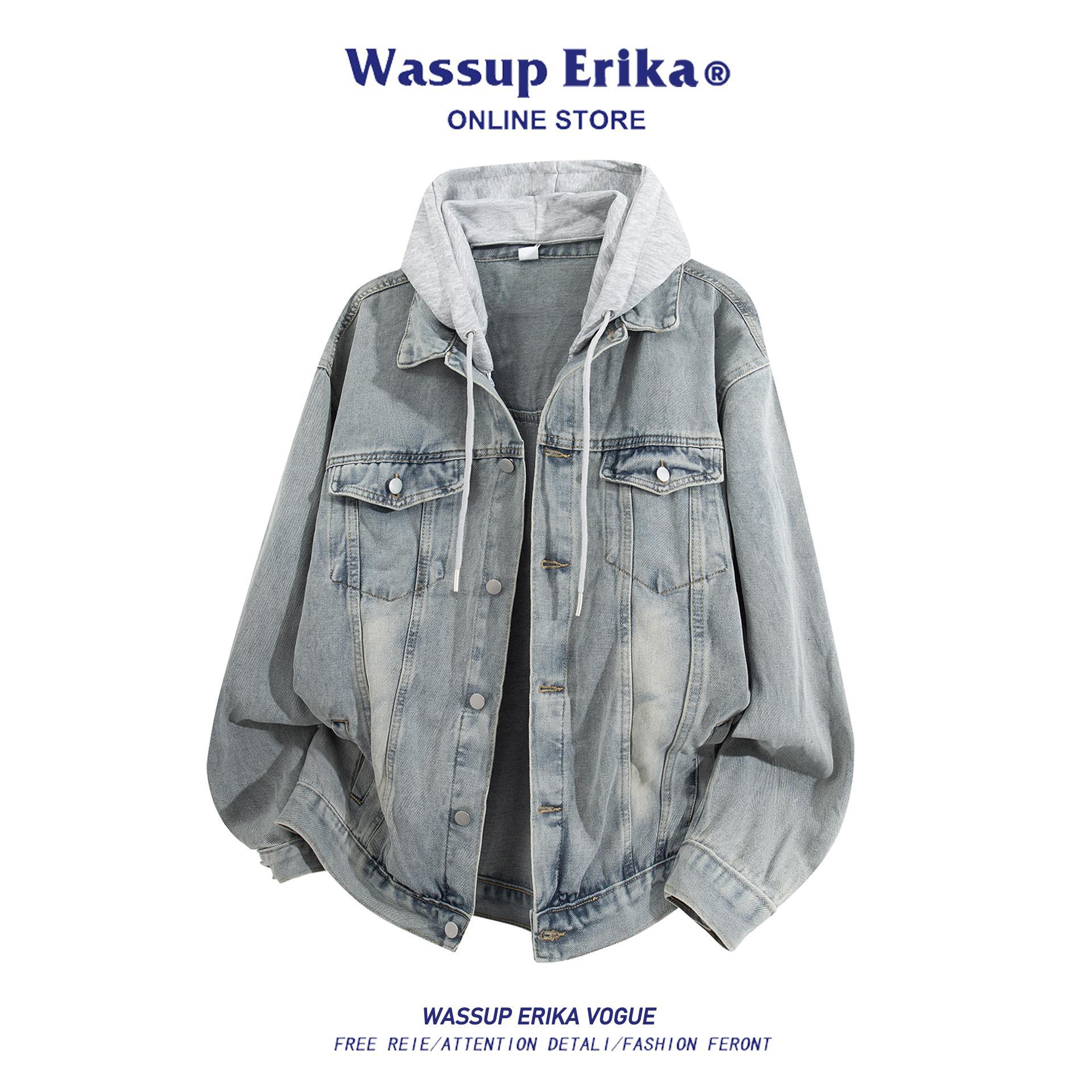 复古美式街头牛仔夹克男秋季灰色帽子痞帅做旧外套女