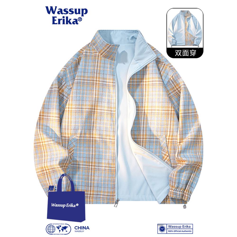 WASSUP ERIKA日系长袖格子衬衫男秋季双面穿立领衬衣情侣休闲外套