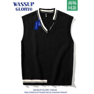 WASSUP 针织背心 GLORY学院风毛衣男秋冬宽松坎肩V领马甲冬季 新款