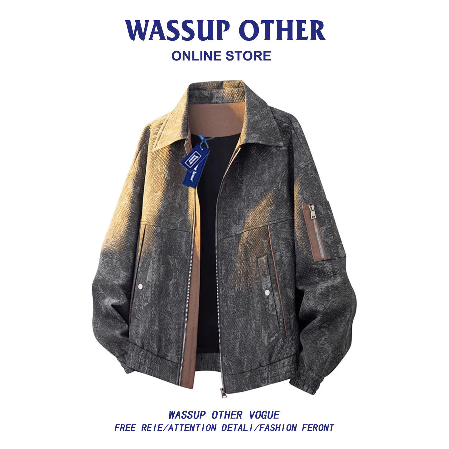 WASSUP OTHER美式大码翻领工装外套男款春秋季潮牌情侣飞行夹克男