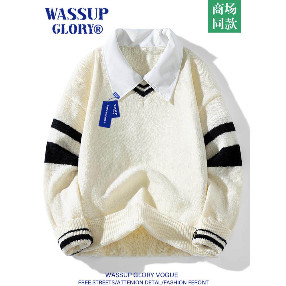 WASSUP GLORY衬衫领毛衣男秋冬季2025新款假两件针织衫学院风外套