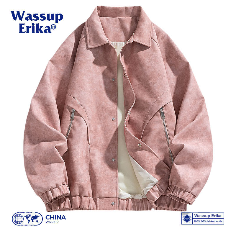 WASSUP ERIKA美式痞帅工装皮衣男秋季粉色PU皮夹克机车服翻领外套