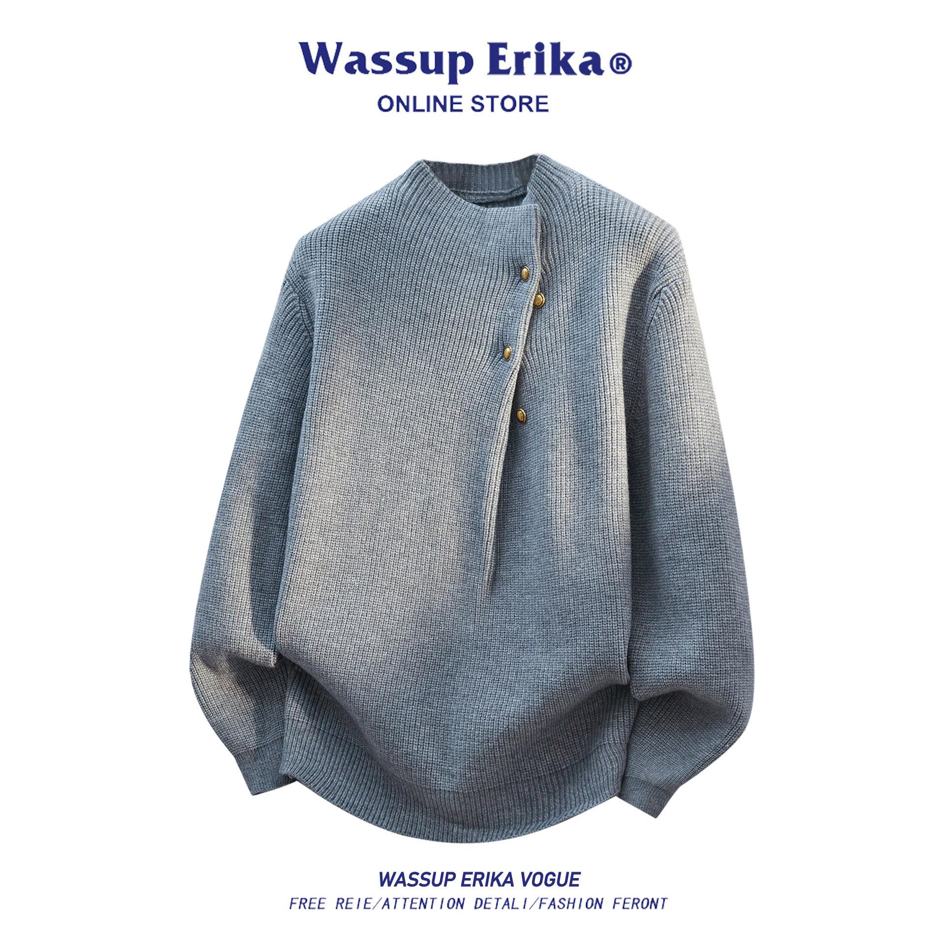 WASSUP ERIKA不规则纽扣设计针织衫男2025秋季半高领百搭宽松毛衣