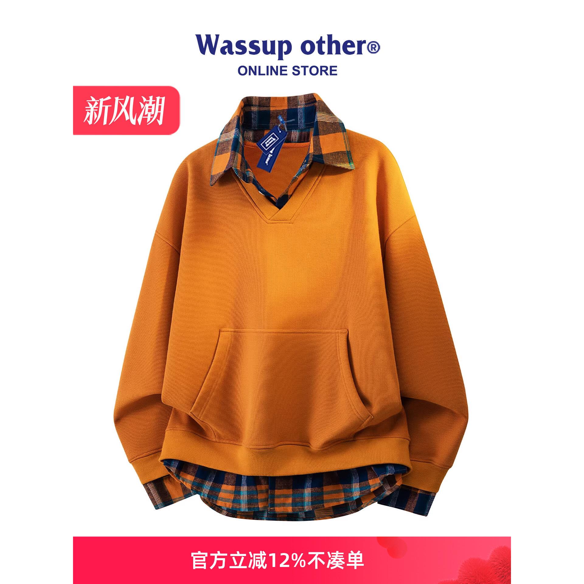 WASSUP OTHER假两件卫衣男桔红色华夫格重磅春秋季情侣上衣服男款