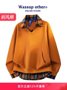 WASSUP OTHER假两件卫衣男桔红色华夫格重磅春秋季情侣上衣服男款
