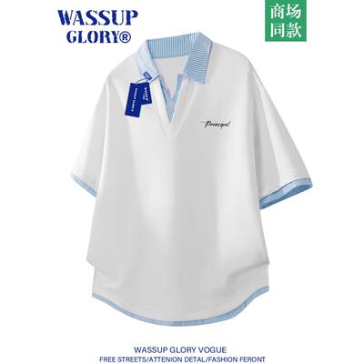 WASSUP GLORY学院风polo衫男短袖夏季潮假两件条纹上衣翻领v领t恤