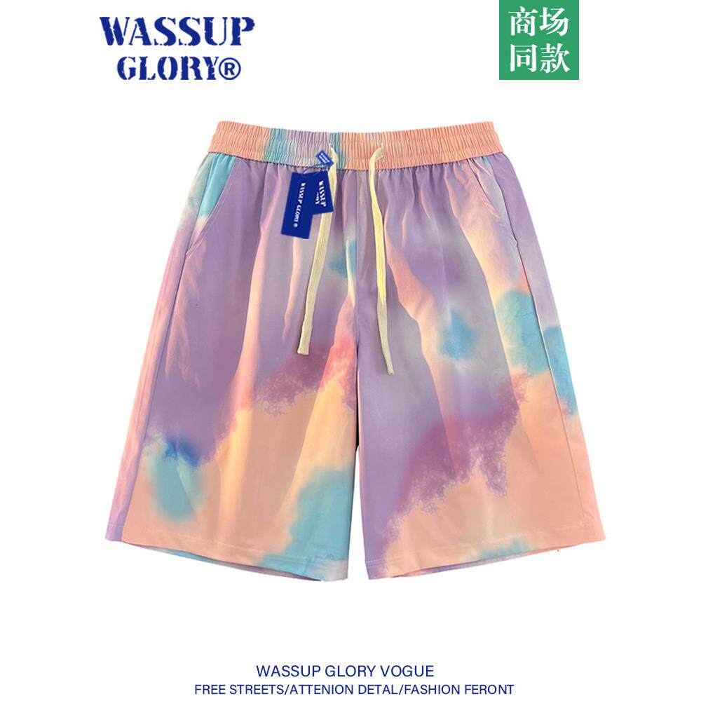 WASSUP GLORY扎染短裤男夏季薄款宽松休闲五分裤运动情侣沙滩裤子