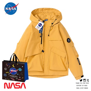 NASA联名户外三防冲锋衣男春秋情侣登山服工装露营连帽夹克外套男