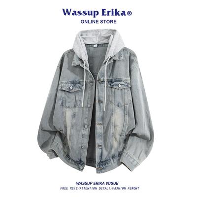 WASSUP ERIKA复古美式街头牛仔夹克男秋季灰色帽子痞帅做旧外套女