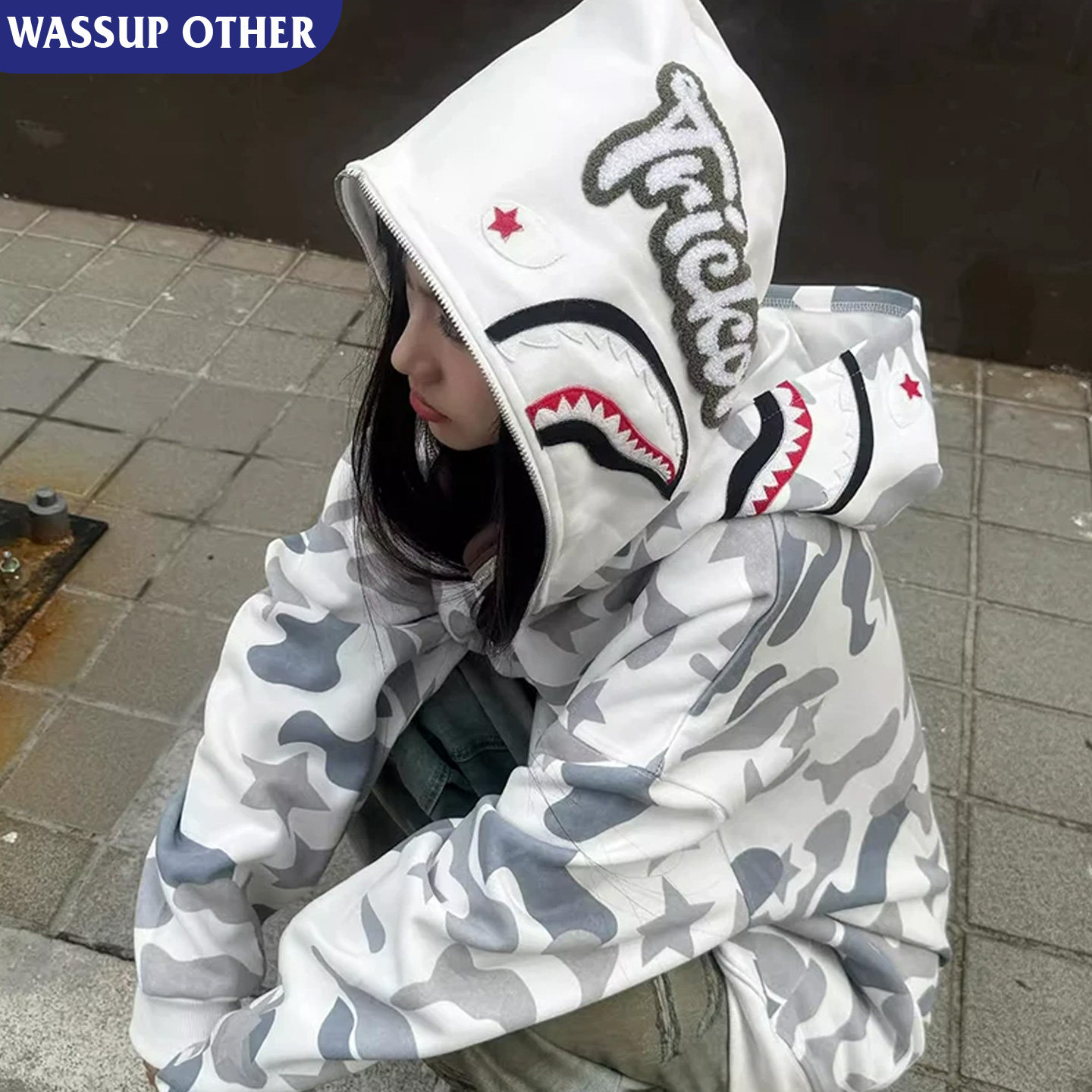 WASSUP OTHER美式鲨鱼头迷彩卫衣男款双帽春秋重磅衣服情侣外套男