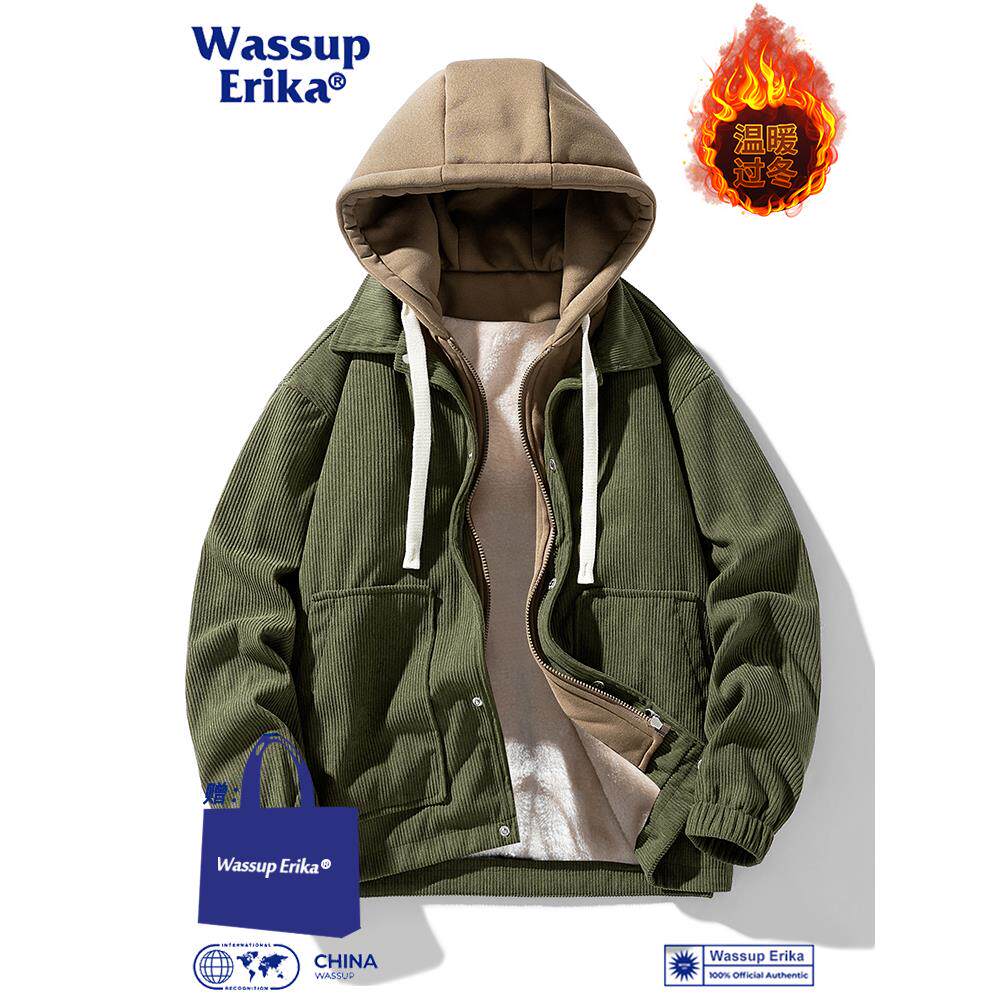 WASSUP ERIKA灯芯绒加厚夹克男冬季羊羔毛工装外套假两件加绒棉袄