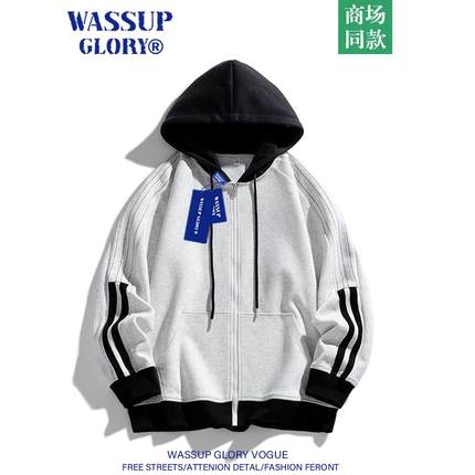 WASSUP GLORY卫衣连帽美式男生秋季重磅条纹运动上衣休闲开衫外套