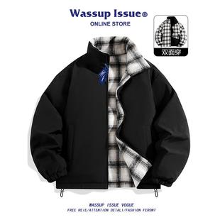 休闲保暖外套男 秋冬季 WASSUP ISSUE日系双面穿简约立领羽绒服男款