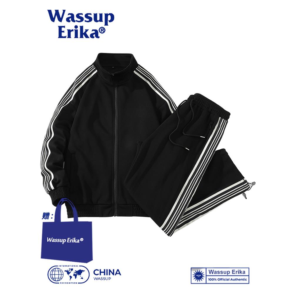 WASSUP ERIKA休闲运动套装男女同款春秋季高级条纹卫衣长裤运动服