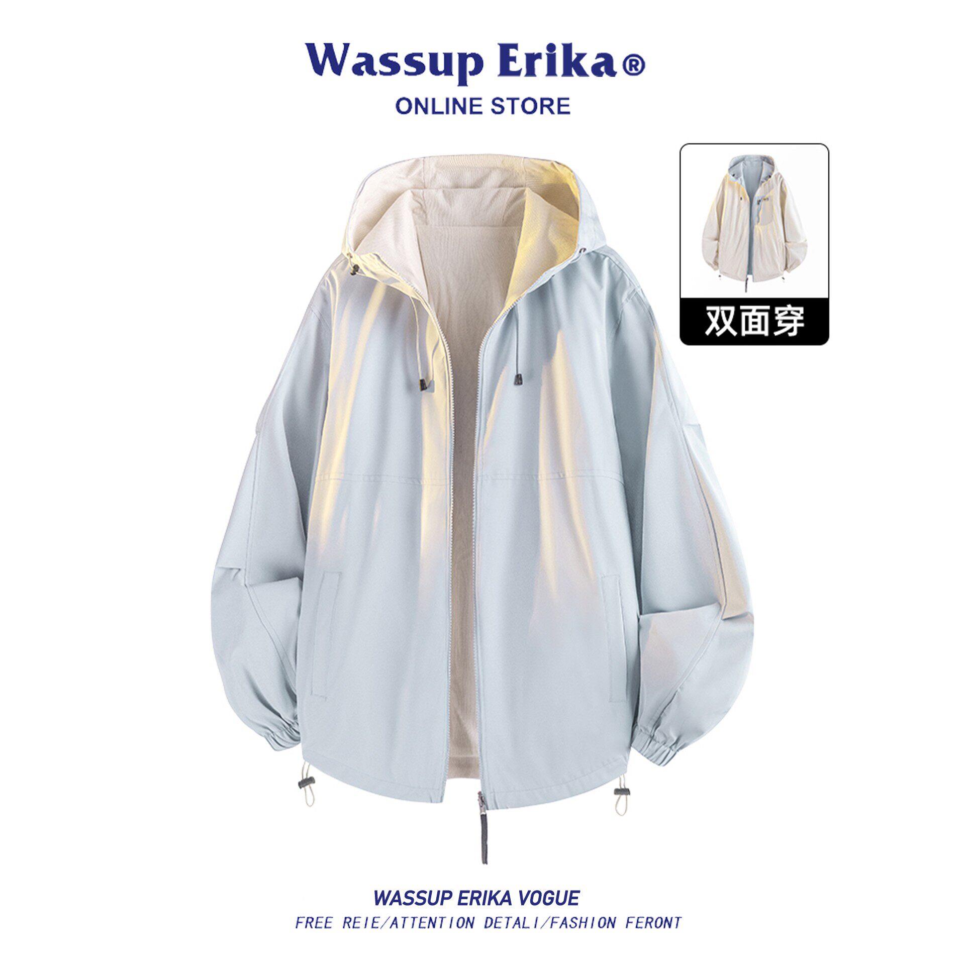 WASSUP ERIKA蓝色双面穿外套男春秋季连帽高级流行休闲运动夹克女