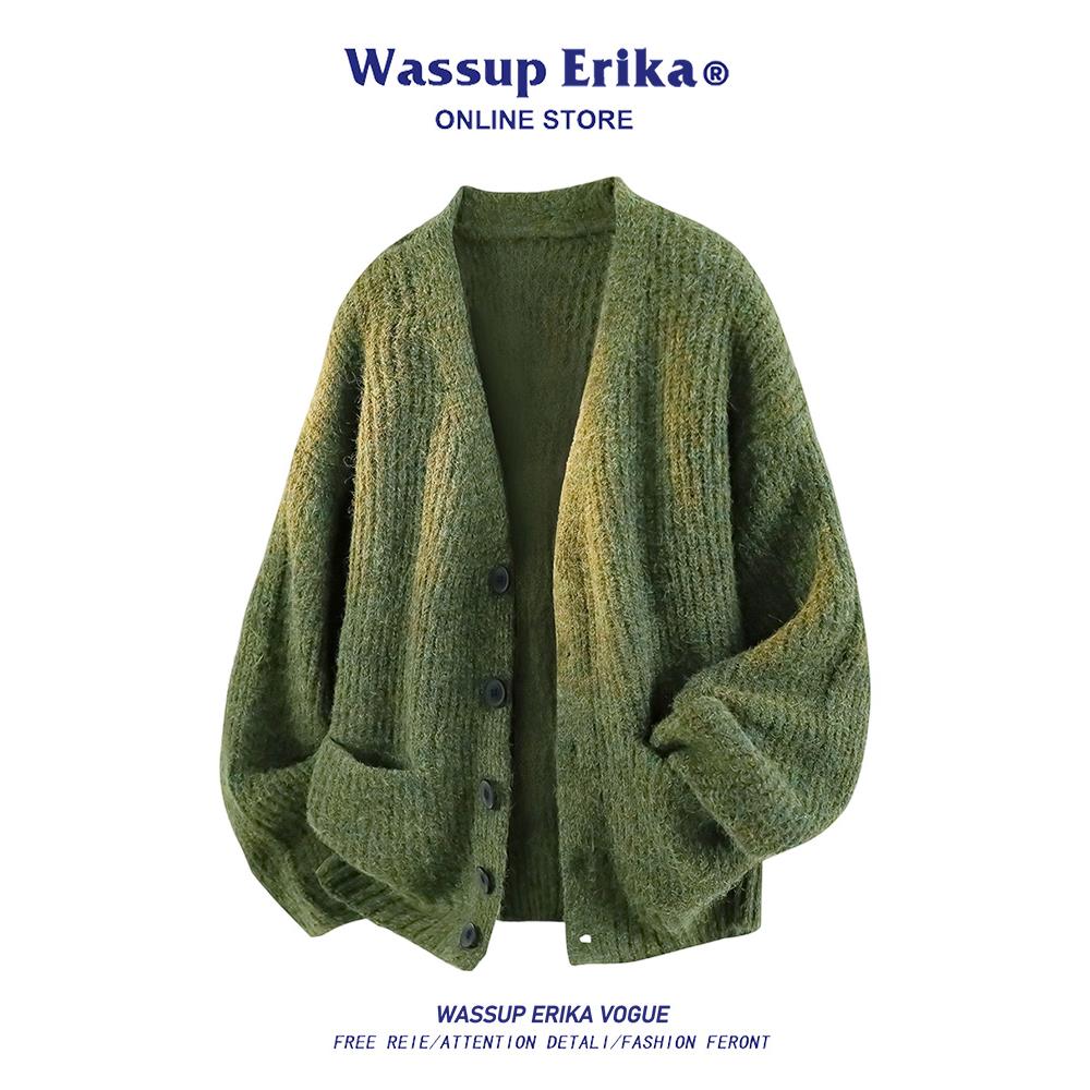 WASSUP ERIKA复古绿色开衫毛衣男秋冬慵懒风软糯简约休闲针织外套