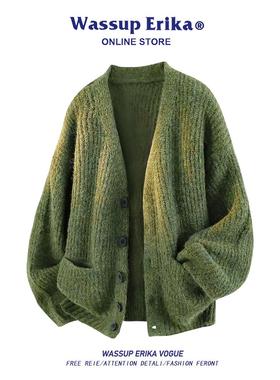 WASSUP ERIKA复古绿色开衫毛衣男秋冬慵懒风软糯简约休闲针织外套