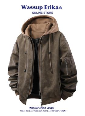 WASSUP ERIKA复古美式高街工装皮夹克男秋季新款假两件皮衣外套女