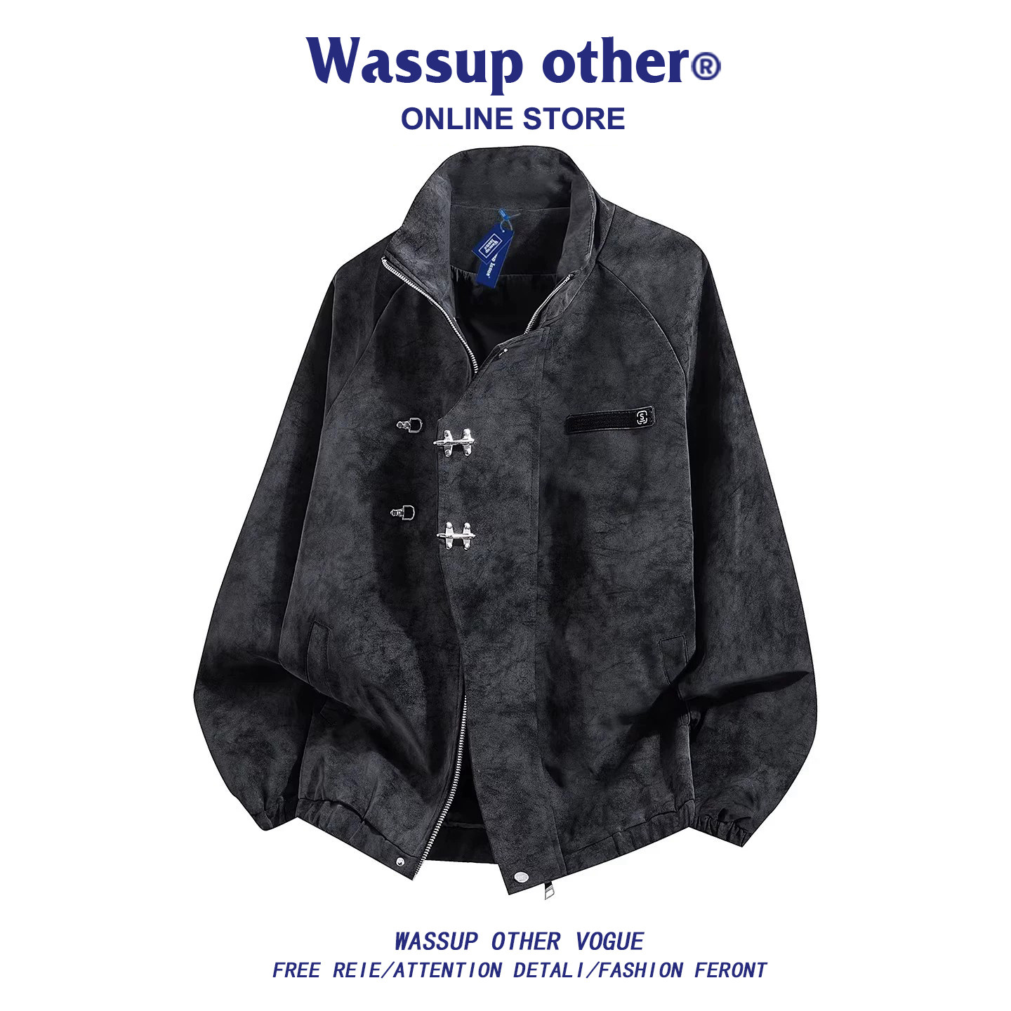 WASSUP OTHER美式扎染PU皮夹克男士春秋季宽松翻领工装皮衣外套男