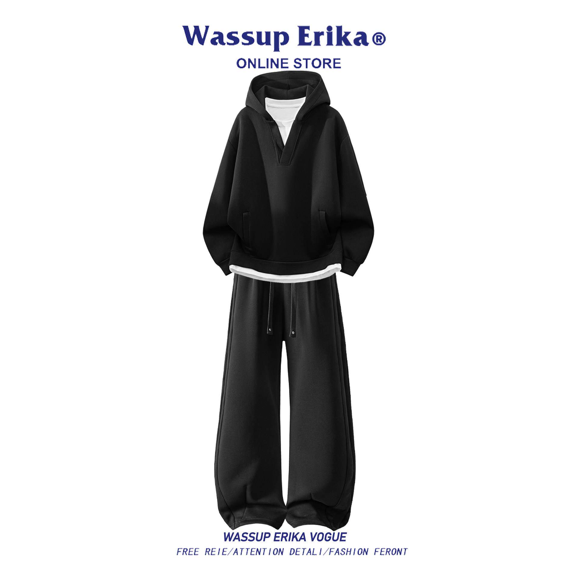 WASSUP ERIKA日系休闲运动黑色套装男秋季新款连帽卫衣长裤一整套