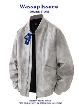 WASSUP ISSUE美式麂皮飞行夹克男款春秋皮衣宽松情侣棒球领外套男